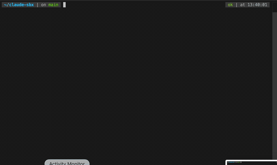 Terminal recording of the code-airlock workflow: starting a coding agent in a sandbox and reviewing its commits from the host.